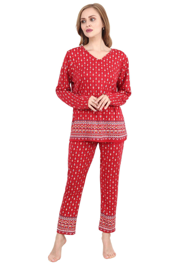 Model wearing Cotton Night Suit Set with Pattern type: Ethnic-1
