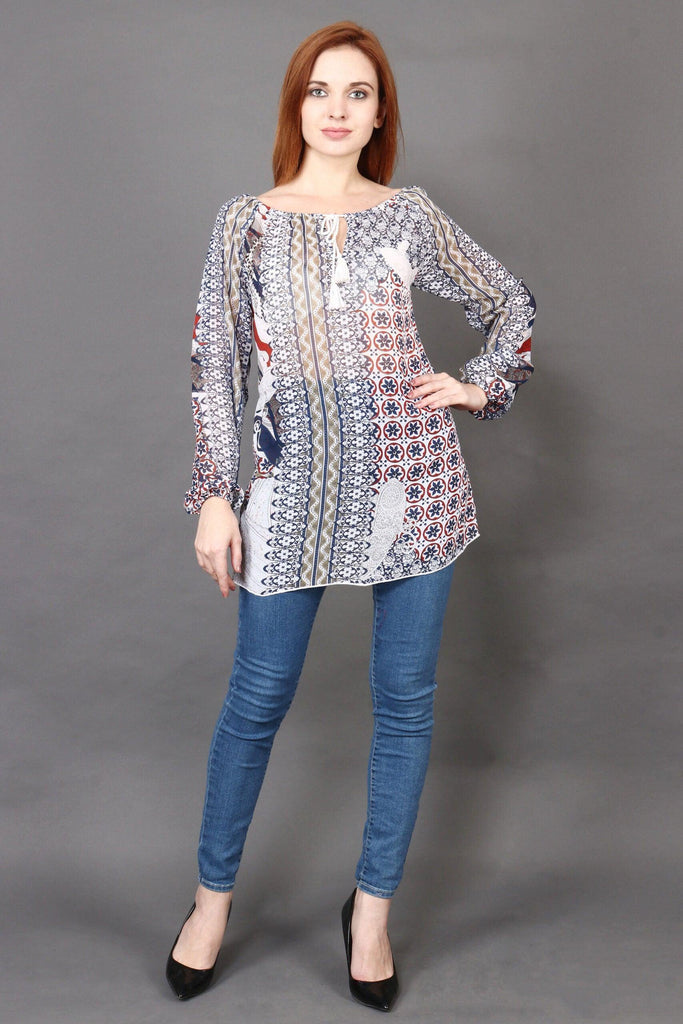 Model wearing Polyster Georgette Long Top with Pattern type: Ethnic-5