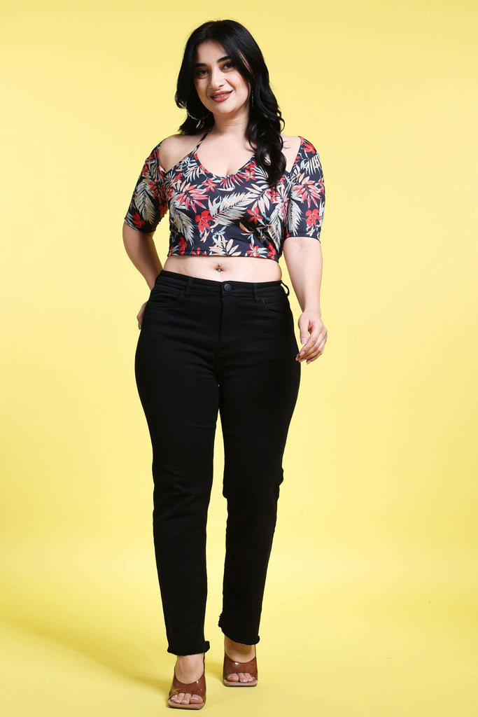 Model wearing Poly Lycra Crop Top with Pattern type: Floral-1