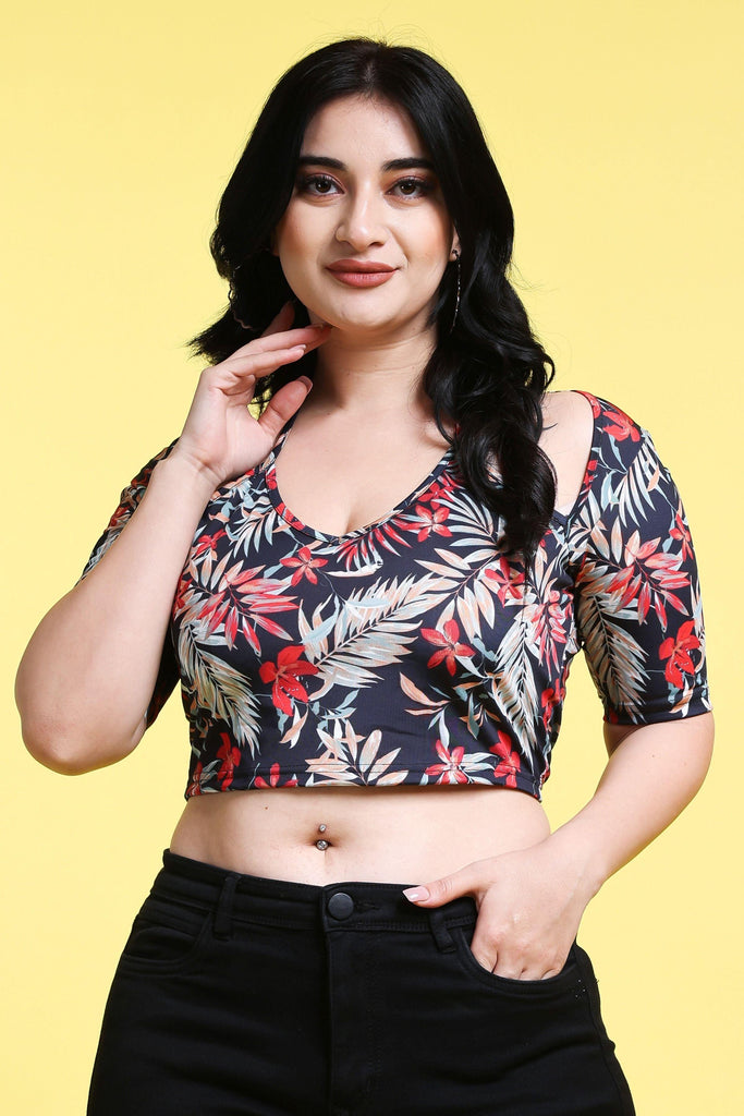 Model wearing Poly Lycra Crop Top with Pattern type: Floral-2