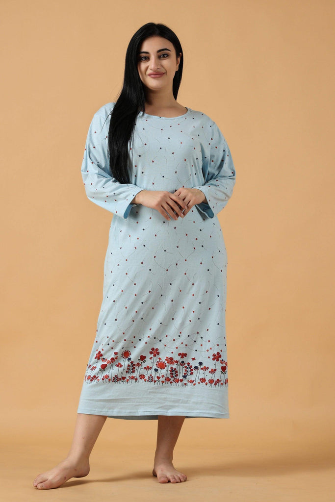 Model wearing Cotton Midi Night Dress with Pattern type: Floral -1