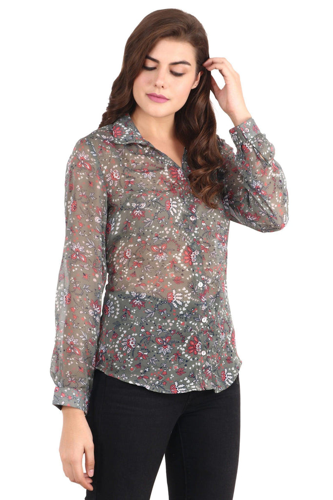 Model wearing Polyster Chiffon Shirt with Pattern type: Floral-2