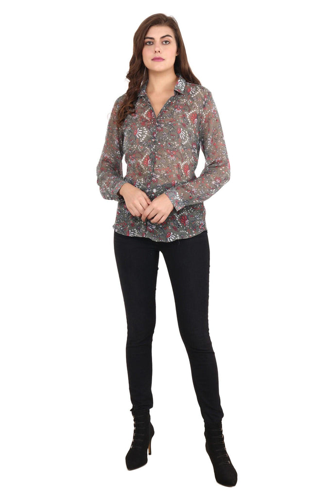 Model wearing Polyster Chiffon Shirt with Pattern type: Floral-6