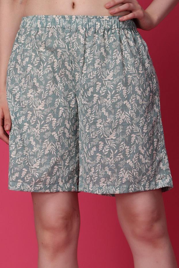 Model wearing Cotton Shorts with Pattern type: Leaves-1
