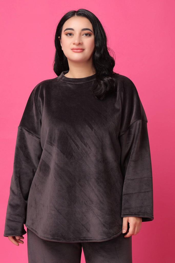 Model wearing Feather Velvet Top with Pattern type: Solid-3