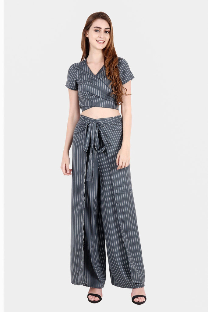 Model wearing Polyester Jumpsuit with Pattern type: Striped-1