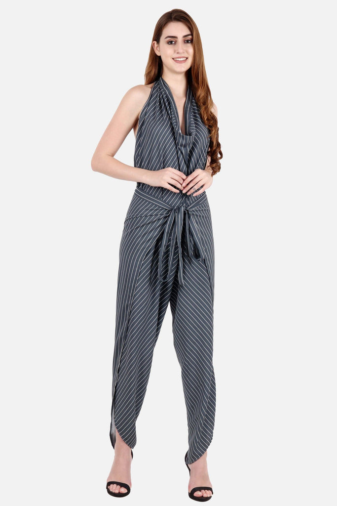 Model wearing Polyester Jumpsuit with Pattern type: Striped-4