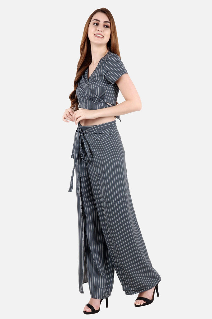 Model wearing Polyester Jumpsuit with Pattern type: Striped-5