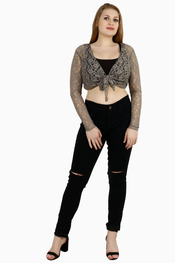 Model wearing Lace Shrug with Pattern type: Solid-7