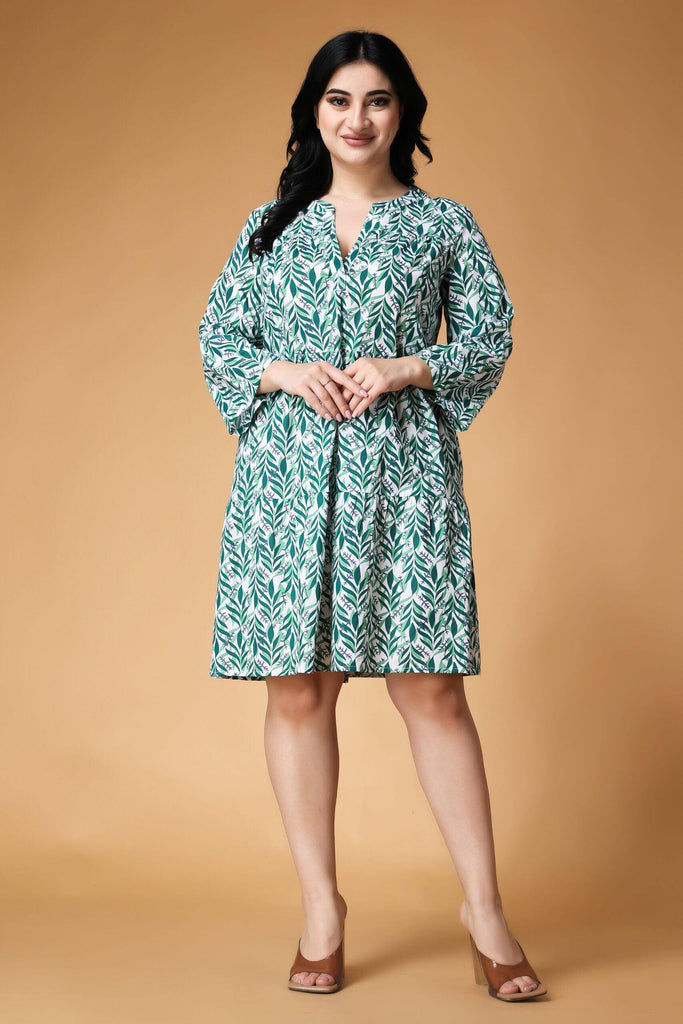 Model wearing Cotton Mini Dress with Pattern type: Leaf-6