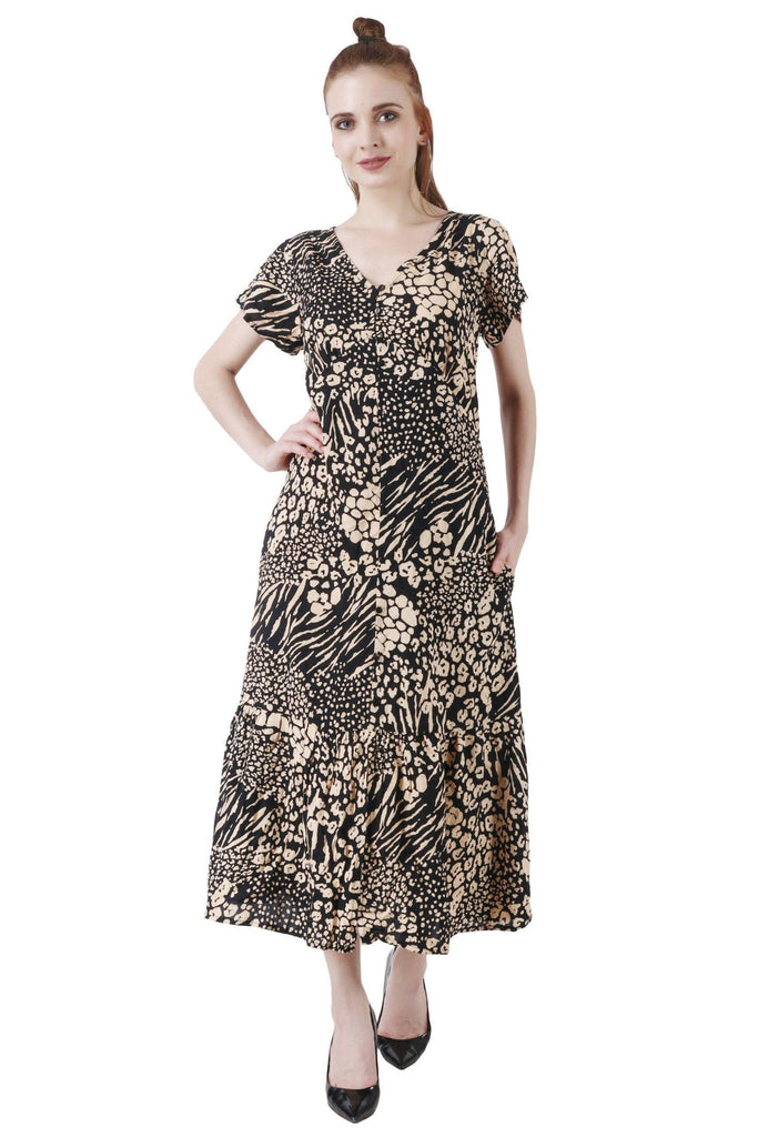 Model wearing Viscose Maxi Dress with Pattern type: Abstract-11