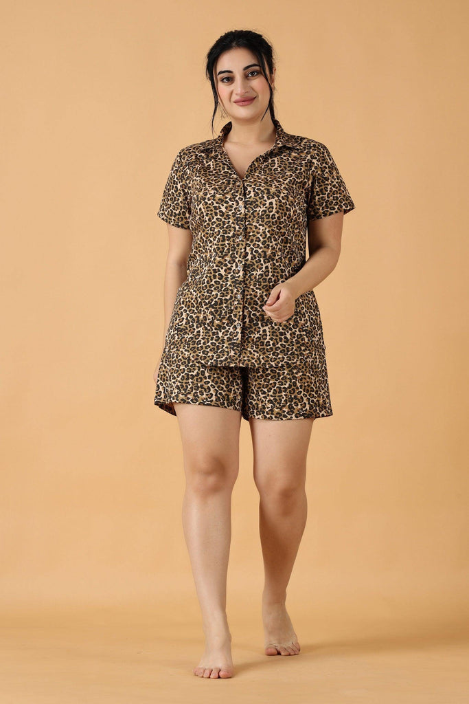 Model wearing Cotton Night Suit Set with Pattern type: Leopard-1