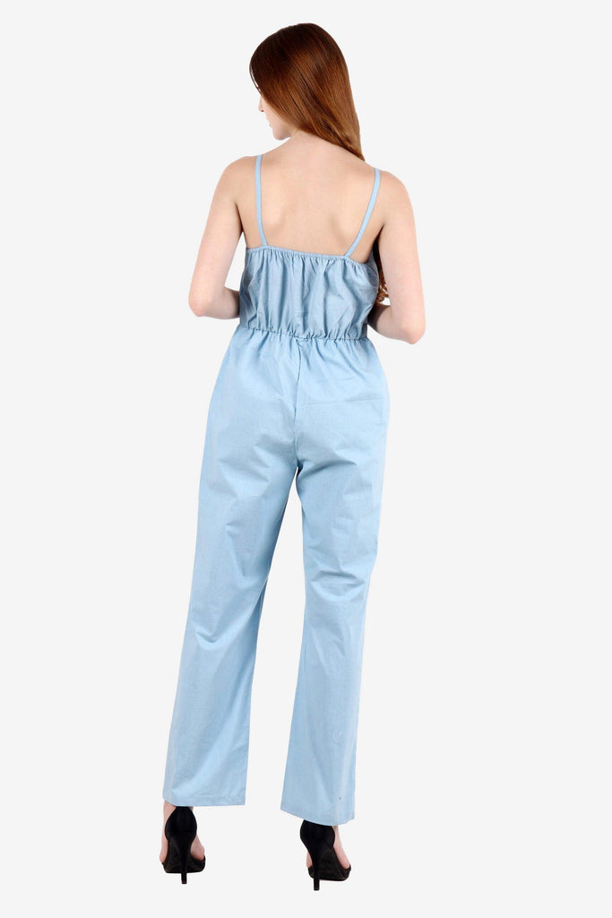 Model wearing Cotton Poplin Jumpsuit with Pattern type: Solid-2