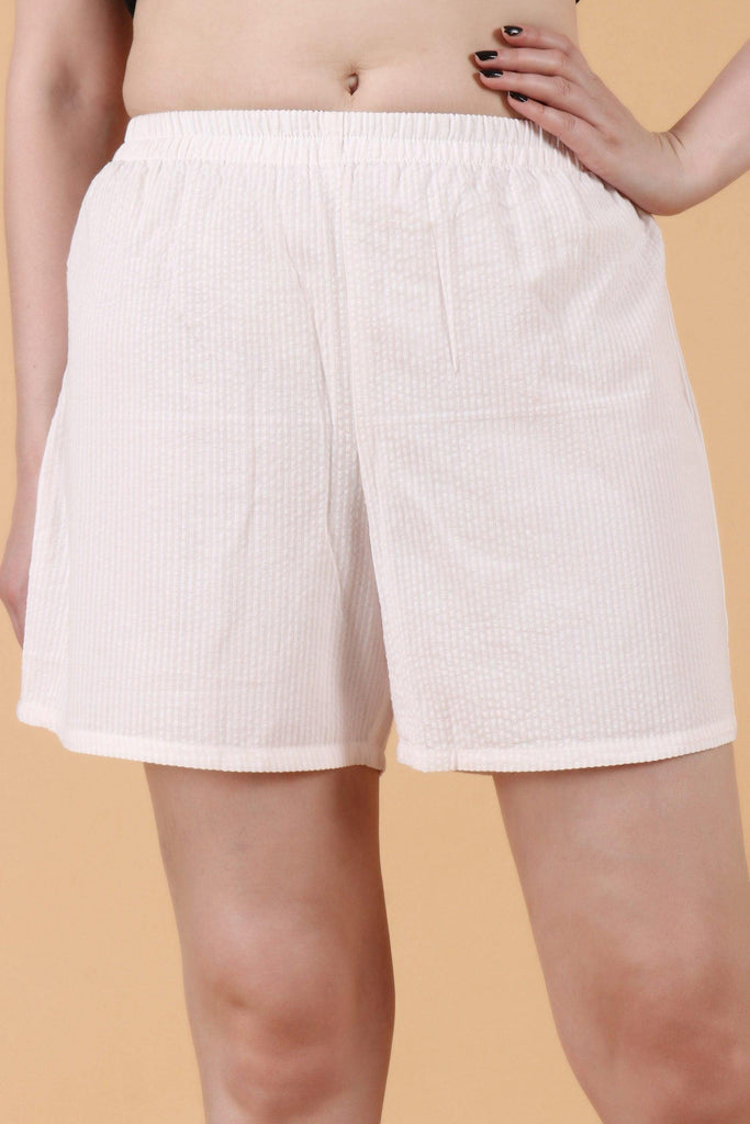 Model wearing Cotton Shorts with Pattern type: Striped-1