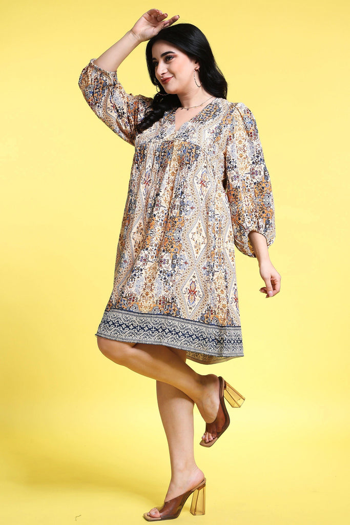 Model wearing Rayon Mini Dress with Pattern type: Abstract-4