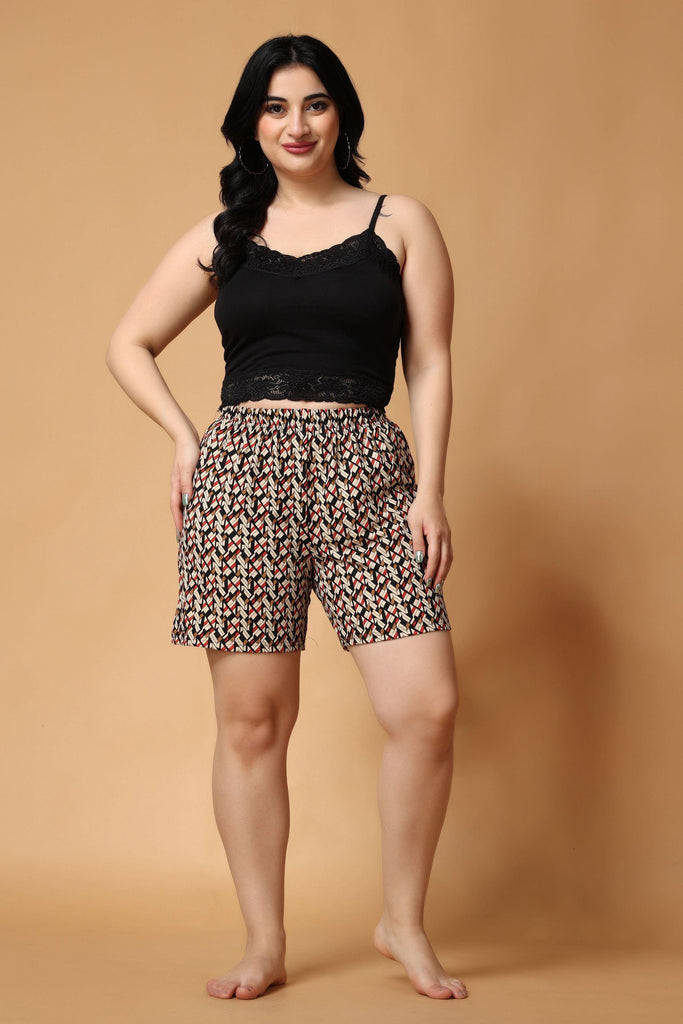 Model wearing Cotton Lycra Shorts with Pattern type: Geometric-1