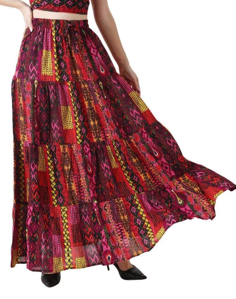 Model wearing Viscose Crepe Maxi Skirt with Pattern type: Abstract-1