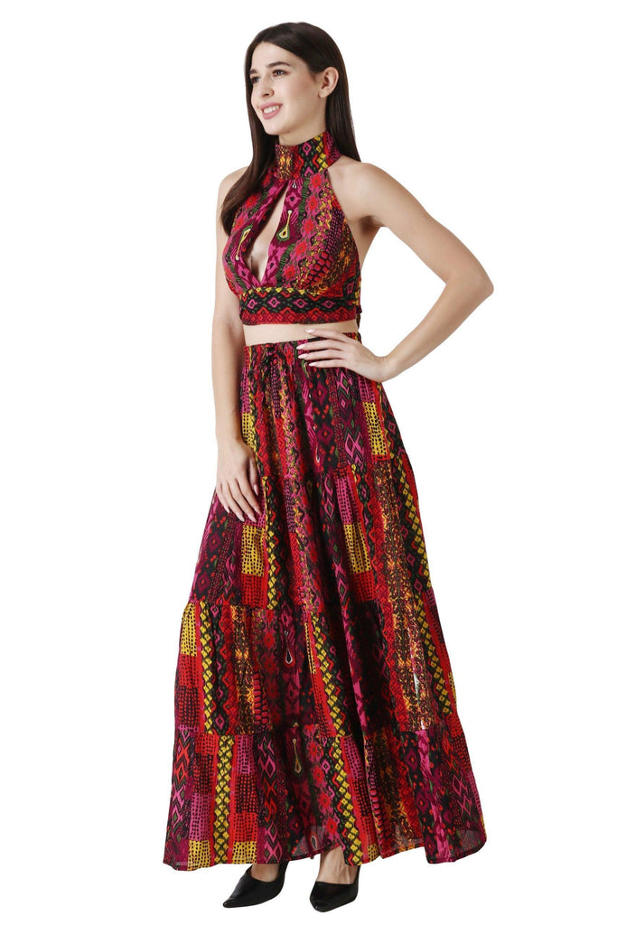 Model wearing Viscose Crepe Maxi Skirt with Pattern type: Abstract-5