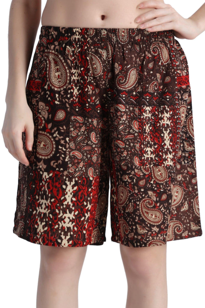 Model wearing Rayon Shorts with Pattern type: Multiple Prints-1