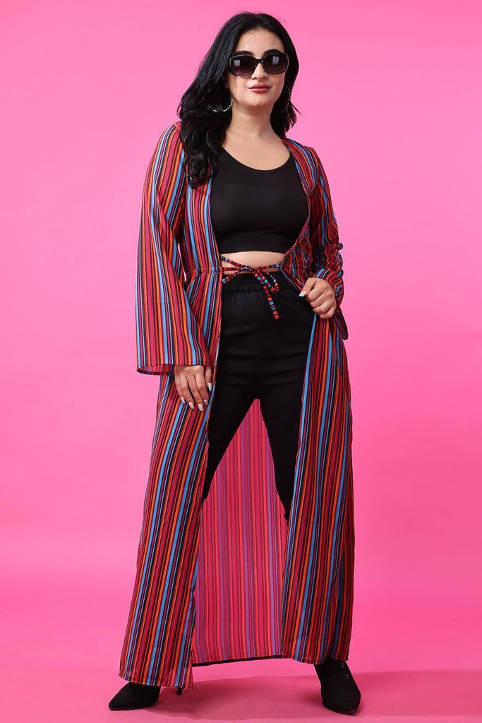 Model wearing Polyster Georgette Shrug with Pattern type: Striped-1
