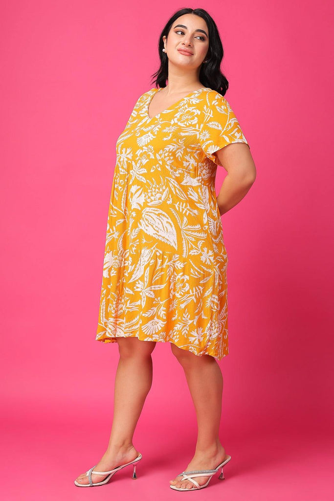 Model wearing Viscose Crepe Mini Dress with Pattern type: Floral-3