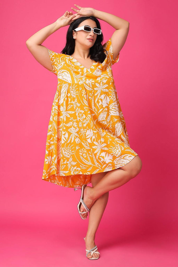 Model wearing Viscose Crepe Mini Dress with Pattern type: Floral-6