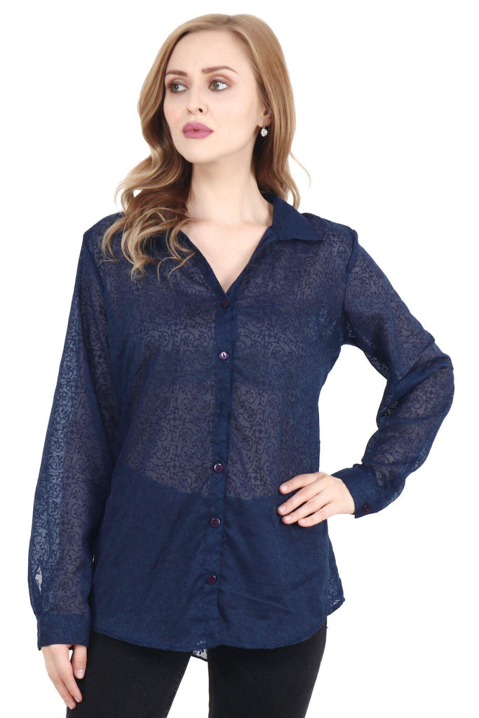 Model wearing Polyster Georgette Shirt with Pattern type: Embedded-4