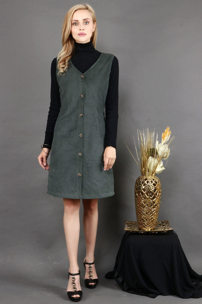 Model wearing Corduroy Mini Dress with Pattern type: Solid-1