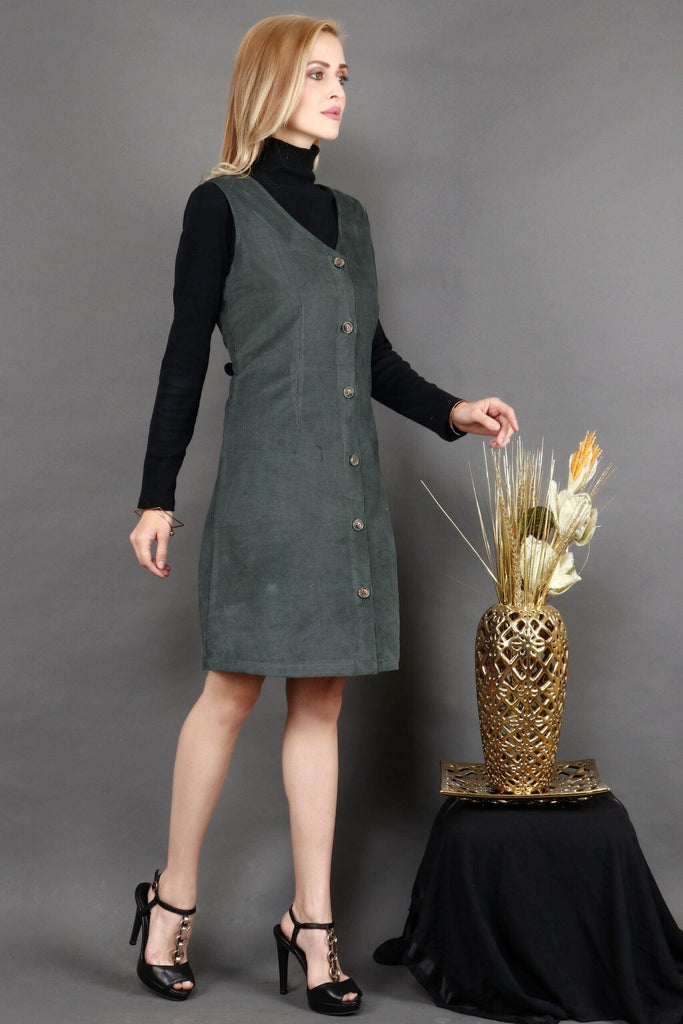 Model wearing Corduroy Mini Dress with Pattern type: Solid-2