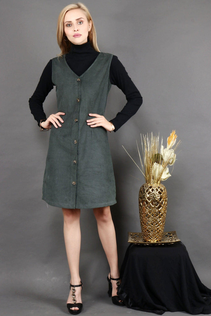 Model wearing Corduroy Mini Dress with Pattern type: Solid-4