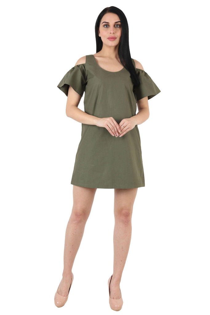 Model wearing Cotton Poplin Mini Dress with Pattern type: Solid-5