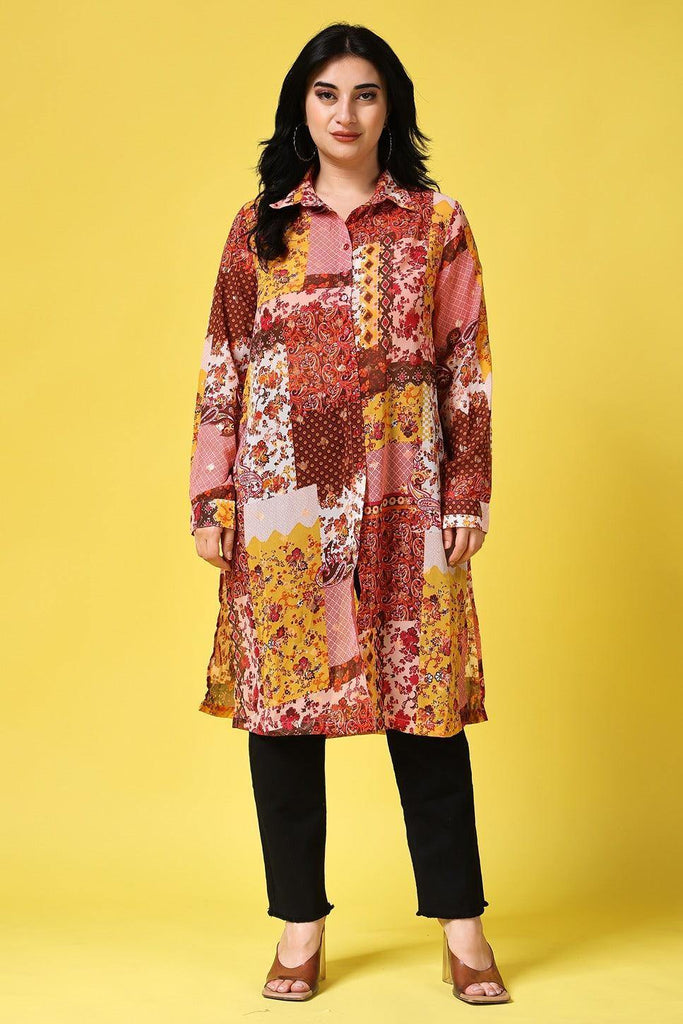 Model wearing Polyster Georgette Kurti with Pattern type: Abstract-1