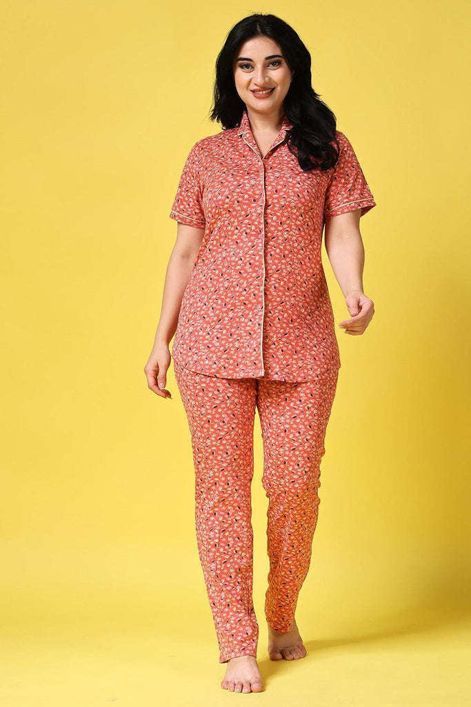 Model wearing Cotton Lycra Night Suit Set with Pattern type: Floral-1