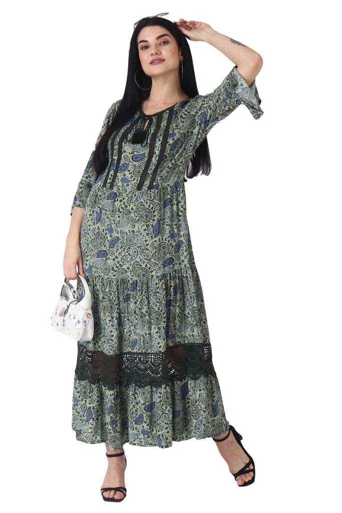 Model wearing Viscose Crepe Maxi Dress with Pattern type: Paisley-14