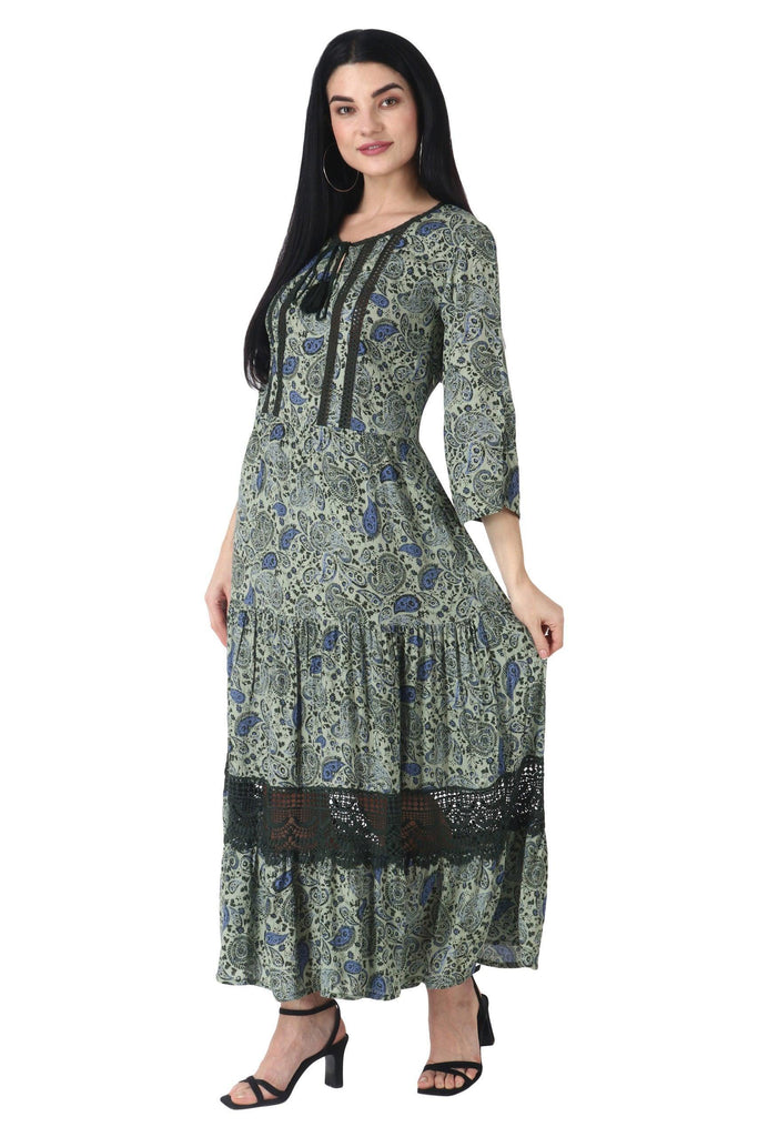 Model wearing Viscose Crepe Maxi Dress with Pattern type: Paisley-17
