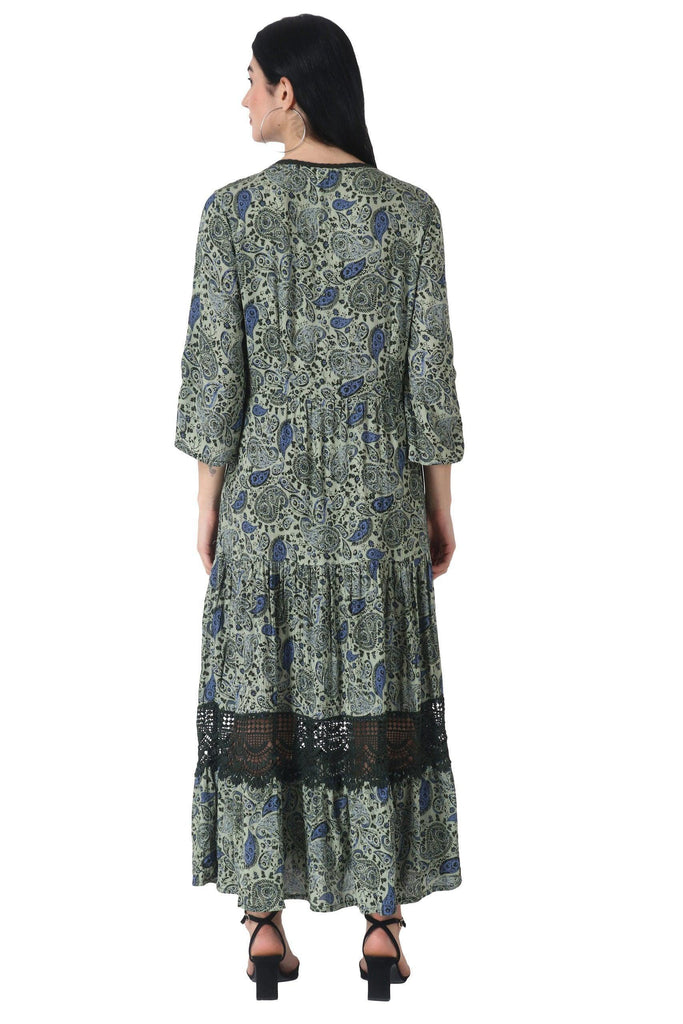 Model wearing Viscose Crepe Maxi Dress with Pattern type: Paisley-18