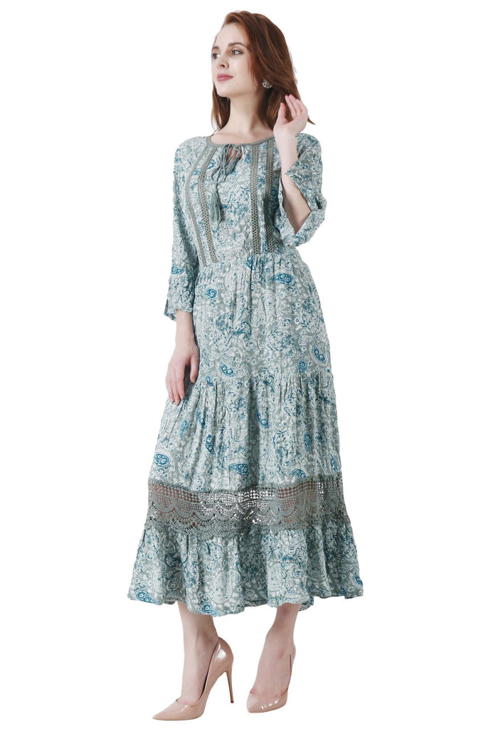 Model wearing Viscose Crepe Maxi Dress with Pattern type: Paisley-8