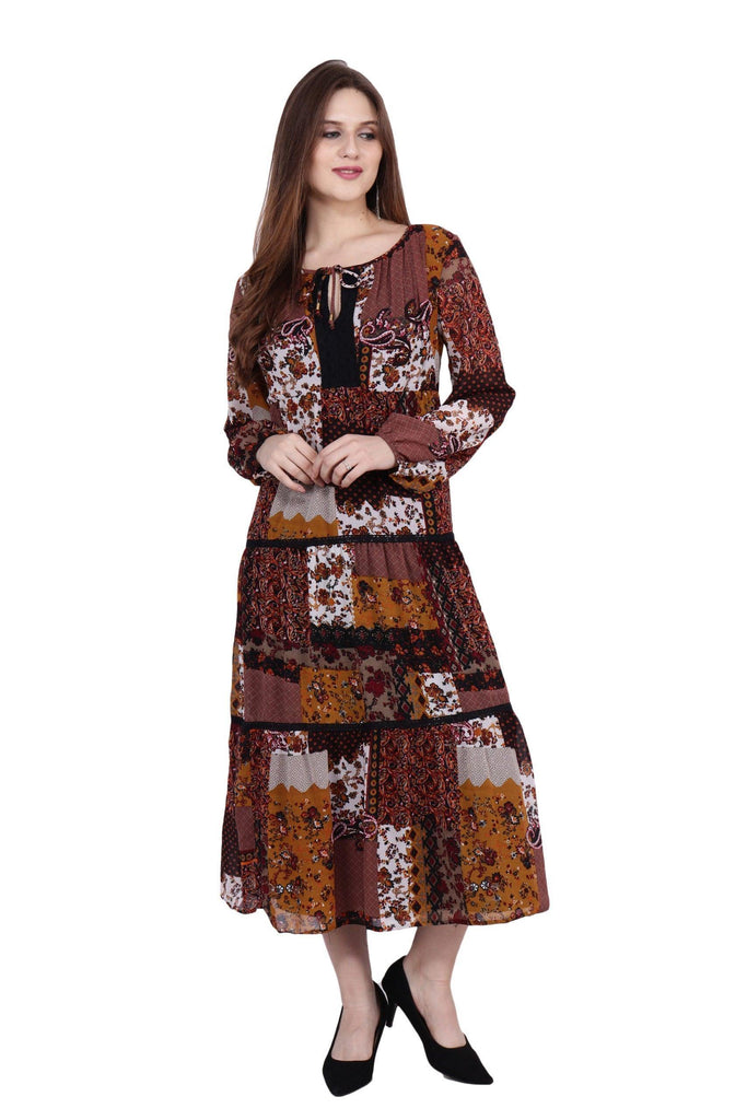 Model wearing Polyster Georgette Maxi Dress with Pattern type: Patch-2