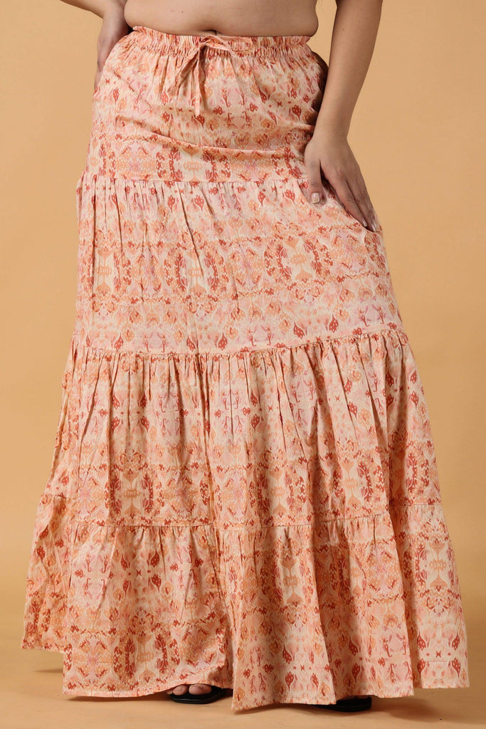 Model wearing Cotton Maxi Skirt with Pattern type: Floral-Leaf-4