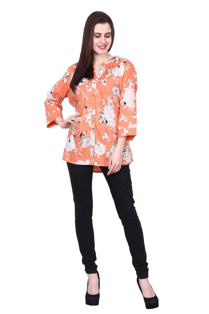 Model wearing Cotton Top with Pattern type: Floral-1