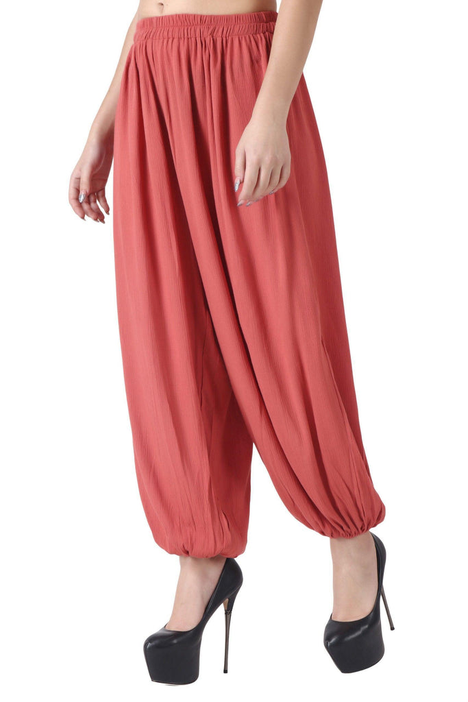Model wearing Viscose Crepe Harem Pants with Pattern type: Solid-1