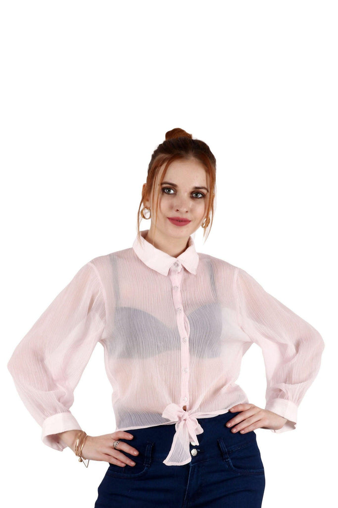 Model wearing Polyster Chiffon Shirt with Pattern type: Solid-3