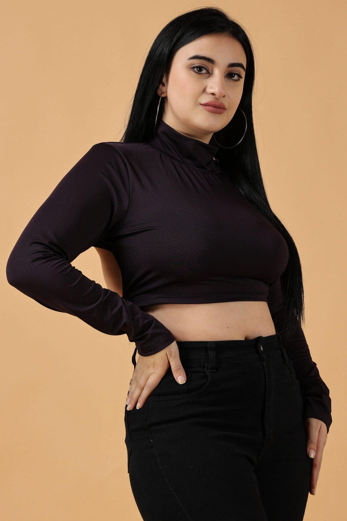 Model wearing Poly Lycra Crop Top with Pattern type: Solid-2