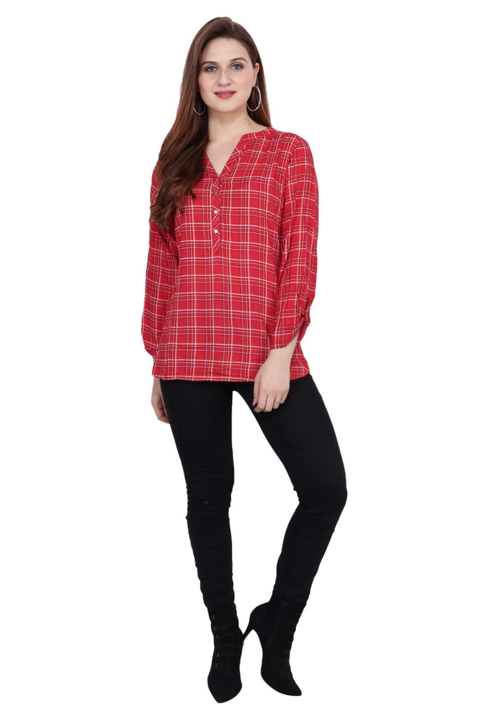 Model wearing Rayon Top with Pattern type: Checked-2