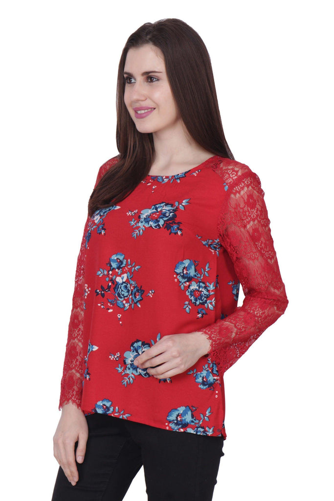 Model wearing Poly Crepe Top with Pattern type: Floral-1