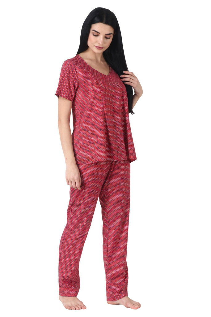 Model wearing Rayon Night Suit Set with Pattern type: Graphic-2