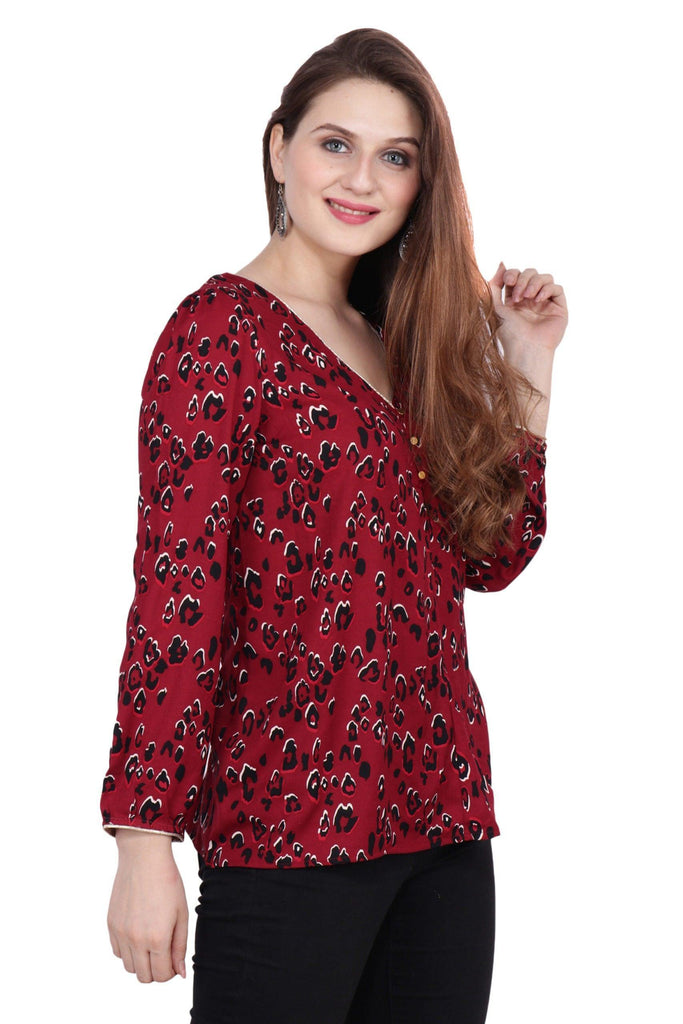 Model wearing Poly Crepe Top with Pattern type: Leopard-4
