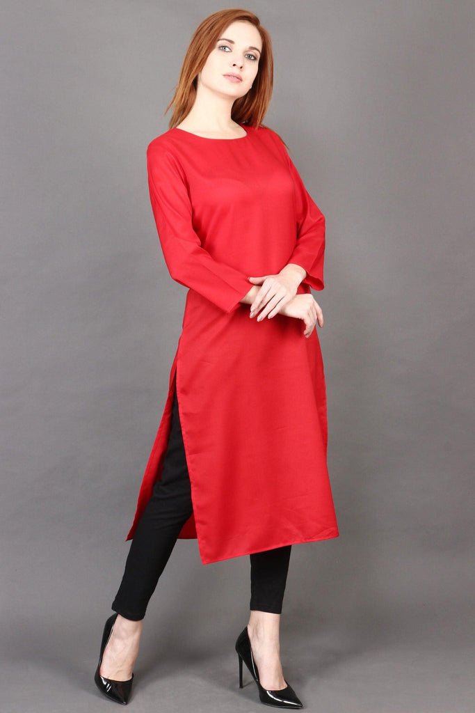 Model wearing Poly Crepe Kurti with Pattern type: Solid-2