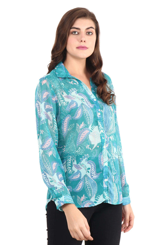Model wearing Polyster Georgette Shirt with Pattern type: Leaf-6