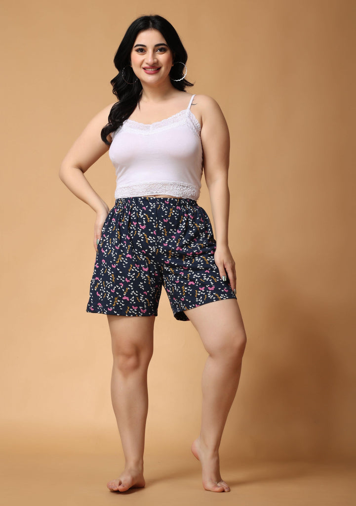 Model wearing Cotton Lycra Shorts with Pattern type: Butterfly Floral-1